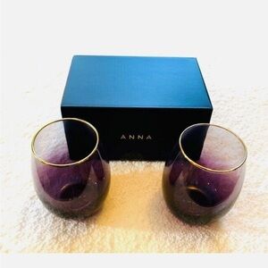 ANNA New York Amethyst Ombre Stemless 24K Gold Rim Wine Glasses Set of 2 New
